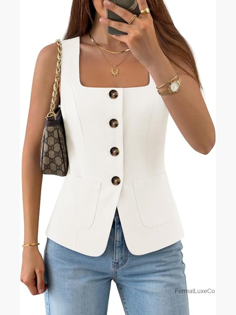 Sleeveless Square Neck Button Down Vest Blazer Work Business Casual Waistcoat